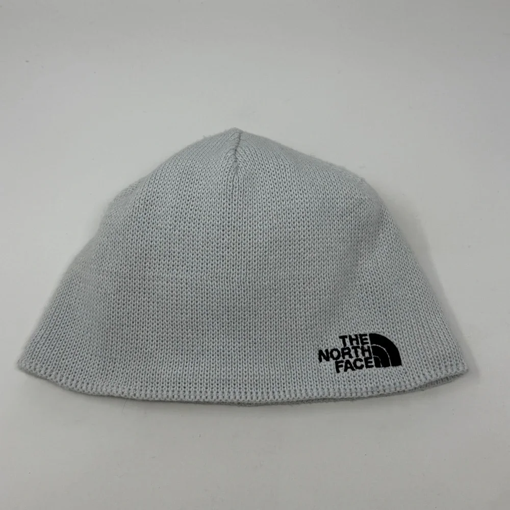 The North Face Light Grey Knit Fleece Lined Beanie Skull Cap Embroidered Logo